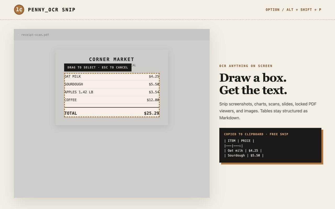 PennyOCR Snip selecting a receipt and copying its table to Markdown