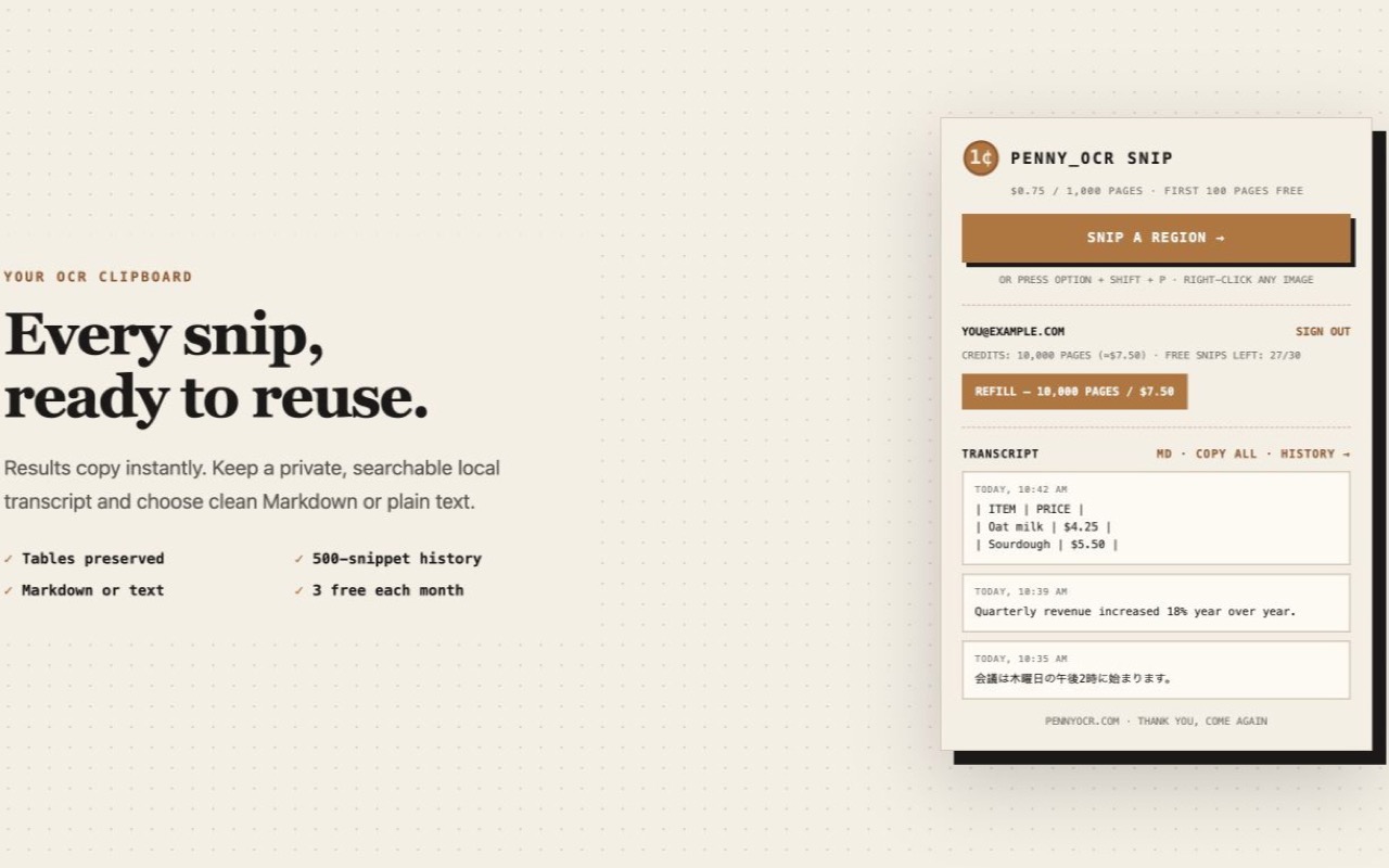 PennyOCR Snip popup showing balance, format controls, and recent OCR transcript